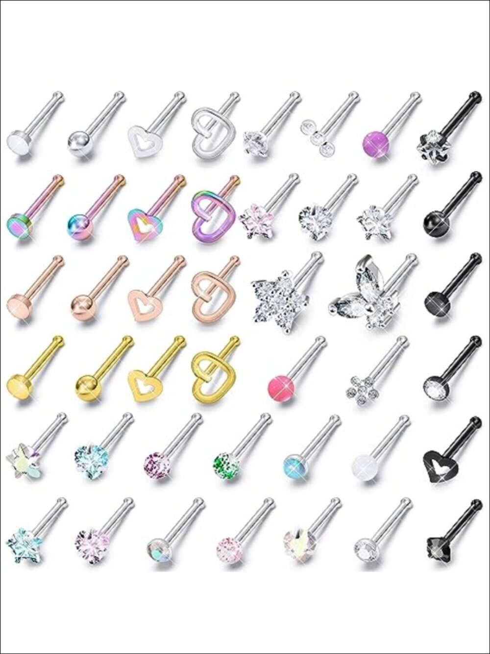 44pc 18G Surgical Stainless Steel Nose Rings Studs Hypoallergenic Body Piercing
